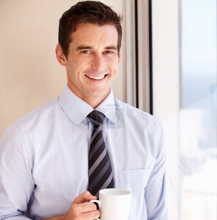 Photo for Coffee cup, portrait and happy business man, lawyer or corporate attorney drink, warm coco liquid or morning beverage. Espresso, relax and advocate with latte, cappuccino or matcha green tea mug. - Royalty Free Image