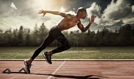 Photo for Man, runner and starting line for sprint, cardio and ready for marathon, track and race or competition. Black male person, training and exercising or speed, practice and athlete or fitness for body. - Royalty Free Image