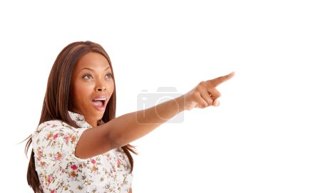 Photo for Pointing, gossip and black woman with surprise, opportunity and news isolated on white studio background. African person, girl and model with emoji, shock or announcement with mockup space and option. - Royalty Free Image