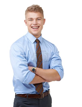 Photo for Young, businessman and portrait with arms crossed or happy in studio for startup, career and confidence. Entrepreneur, person or laugh and pride or positive mindset for internship on white background. - Royalty Free Image
