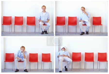 Foto de Aburrido, entrevista y hombre en la sala de espera para un trabajo y collage con candidato emocionado, cansado y durmiendo. Contratación, proceso y persona con fatiga, compuesto y frustrado por el retraso en el reclutamiento. - Imagen libre de derechos