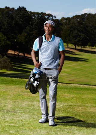 Photo for Smile, fitness and portrait of man golfer with positive, good and confident attitude on field. Happy, sports and African male athlete with equipment on an outdoor course for tournament or competition. - Royalty Free Image