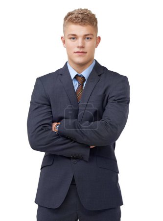 Photo for Young, businessman and portrait with arms crossed or serious in studio for startup, career and confidence. Entrepreneur, person and pride or positive mindset for internship work on white background. - Royalty Free Image