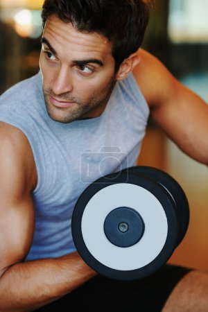 Photo for Thinking, dumbbells and man with fitness, exercise and healthy with wellness, workout and practice. Face, person and guy with gym equipment, training and relax with energy, muscle and bodybuilder. - Royalty Free Image