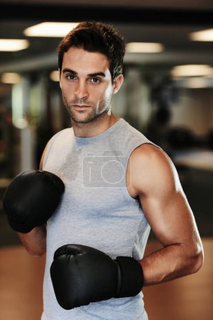 Photo for Man, boxing gloves and exercise with gym portrait for health, wellness or training for fight, performance or sport. MMA, boxer or strong for contest, competition or workout for development with sweat. - Royalty Free Image