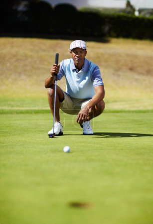 Photo for Sports, golf hole and black man on course for playing game, practice and training for competition. Recreation, golfer and person on grass for tee, ball and golfing club for winning stroke or score. - Royalty Free Image