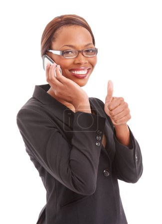 Photo for Business woman, phone call and thumbs up for communication success, agreement or networking in studio. Portrait of african worker talking on mobile with like emoji or yes hands on a white background. - Royalty Free Image