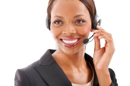 Photo for Business woman, call center and thinking of communication, customer service or support on a white background. Happy african advisor, consultant or agent in headphones or contact us solution in studio. - Royalty Free Image