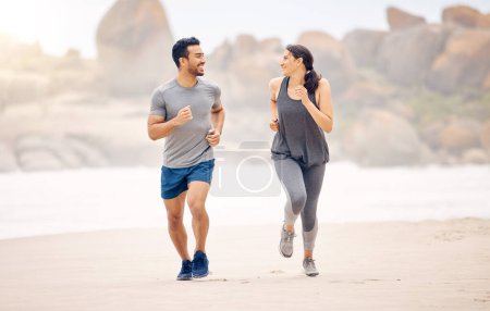 Photo for Couple of friends, running and exercise by ocean in fitness training, accountability and cardio for race or support. Happy plus size woman, man or personal trainer by beach or outdoor for workout. - Royalty Free Image