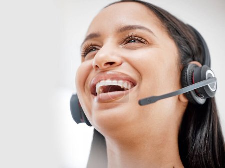 Photo for Telemarketing headset, professional face and happy woman laugh at funny sales pitch, callcenter joke or consultation humour. Customer care, outsourcing or closeup consultant talking on help desk mic. - Royalty Free Image