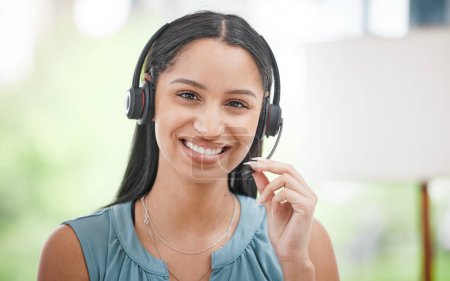 Photo for Happy woman, portrait and headphones in call center for customer service, support or telemarketing at office. Face of friendly female person, consultant or agent smile for online advice at workplace. - Royalty Free Image