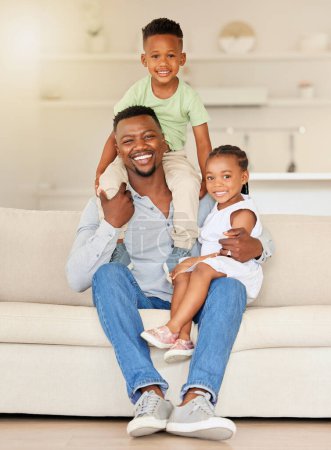 Photo for Black family, portrait and smile on sofa with love, bonding and relationship in living room of home. Face, father and children with happiness and embrace on couch of lounge for relax, peace and care. - Royalty Free Image