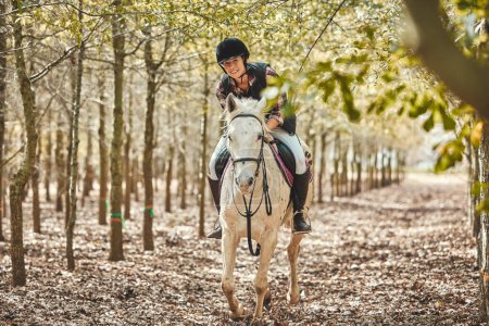Photo for Happy woman on horse, riding in forest and running practice for competition, race or dressage with trees. Equestrian sport, female jockey or rider on animal in woods for adventure, training and smile. - Royalty Free Image