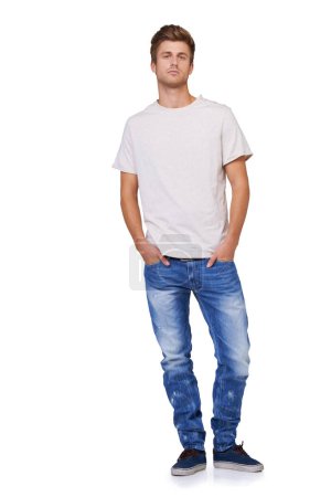 Photo for Style, portrait and young man in a studio with casual, stylish and trendy outfit for confidence. Handsome, cool and full body of male model with tshirt and jeans fashion isolated by white background - Royalty Free Image
