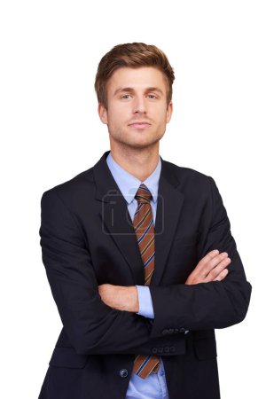 Photo for Corporate portrait, arms crossed and studio man, real estate agent or realtor pride, confidence and profile picture. Expert, professional job experience and property developer on white background. - Royalty Free Image