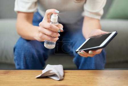Photo for Woman, hand and clean cellphone screen or hygiene wipe bacteria, dust wellness or health safety. Female person, mobile device and cloth for germs or surface sanitizer, protection disinfectant or dirt. - Royalty Free Image