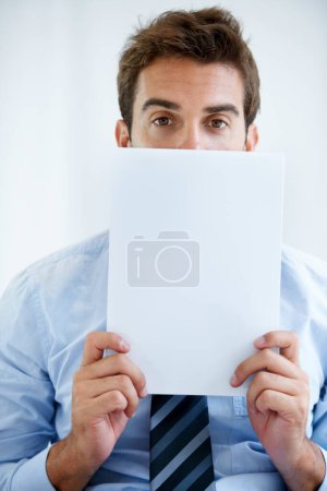 Photo for Portrait, business and man with paper, blank and promotion with mockup space, employee or agent. Face, person or worker with billboard sign, professional or corporate with entrepreneur or opportunity. - Royalty Free Image