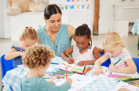Photo for Help, teacher and woman with education, students and ideas with conversation, lessons and teaching. Person, educator and children writing, knowledge and kids in a classroom with answers and learning. - Royalty Free Image