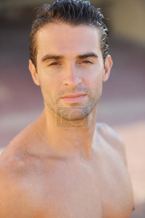 Photo for Body, portrait or man for water swimming, surfing or sports in Brazilian nature or beach for relax summer break. Serious face, athlete or wet person shirtless for training, exercise or surfer fitness. - Royalty Free Image