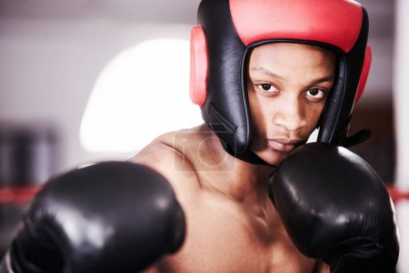 Photo for Man, portrait and gloves for boxing fitness or sports training or competition, athlete fighter or safety gear. Black person, fist and exercise workout or punch practice or challenge, battle in mma. - Royalty Free Image