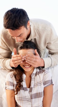 Photo for Couple, romantic and husband covering eyes for surprise, smile and happy for love, wife and bonding together. Outdoor, secret and news for marriage, relationship and announcement with excitement. - Royalty Free Image