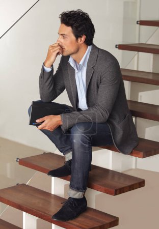 Photo for Thinking, anxiety and business man waiting on stairs of office building with stress, fear or worry. Hiring, human resources or nervous applicant overthinking on steps for recruitment opportunity. - Royalty Free Image