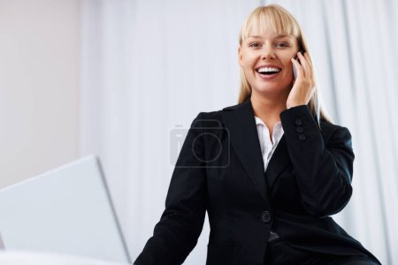 Photo for Portrait, businesswoman and phone call with laptop for consultation in home office. Happy person, female manager and mobile for discussion, talk and listen for feedback, report and result for growth. - Royalty Free Image