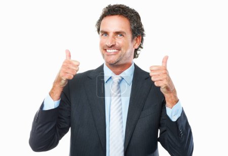 Photo for Business man, thumbs up and happy in success, support and yes or like emoji isolated on a white background. Portrait of professional boss or corporate winner for thank you, vote or good job in studio. - Royalty Free Image