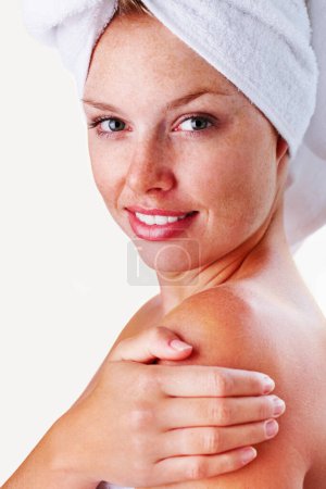 Photo for Woman, portrait and body in morning, head towel and cleaning hygiene with beauty. Skincare, wellness and dermatology with face, female model and white background for grooming and cosmetic care. - Royalty Free Image