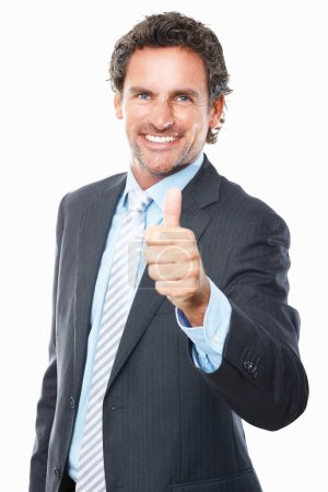 Photo for Corporate man, thumbs up and portrait in success, support and yes or like emoji isolated on a white background. Face of mature person or business winner with thank you, vote or good job in studio. - Royalty Free Image