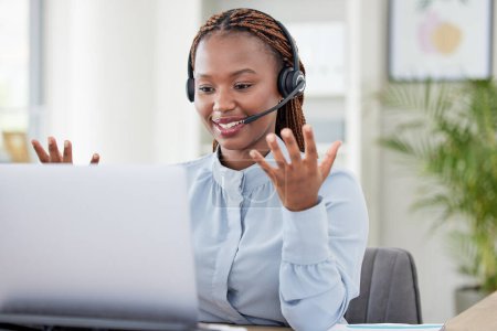 African woman, call center and smile by laptop for communication, contact us or telemarketing. Consultant, agent or employee girl with pc, mic or headphones for customer support at insurance company.