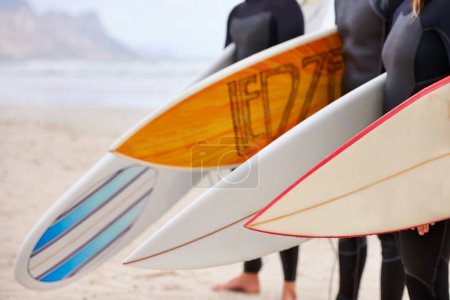 Photo for Friends, surfboard and ocean with surfing, fitness and exercise by the sea and beach. Group, outdoor and surfer with travel, training and water on vacation and holiday in Miami with freedom on trip. - Royalty Free Image