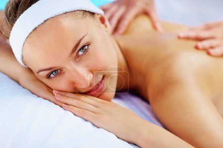 Photo for Spa, massage and woman portrait with beauty therapist hands for back care with wellness and health. Resort, masseuse table and calm female person with zen and pamper treatment for relax and relief. - Royalty Free Image