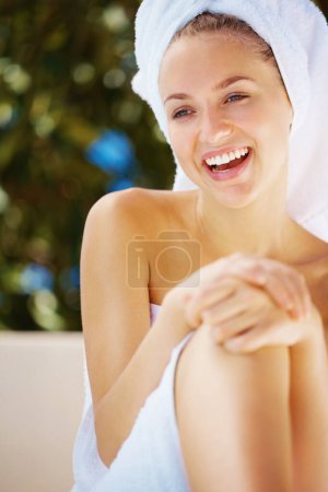 Photo for Smile, body care and woman with towel for epilation, hair removal or shaving treatment for hygiene. Beauty, happy and happy young female person from Canada with wax or depilation routine for health - Royalty Free Image