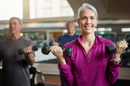 Photo for Senior fitness, club and people with dumbbells at gym for training, health and wellness, sport or exercise. Class, workout and elderly group of friends at a studio for bodybuilding or weightlifting. - Royalty Free Image