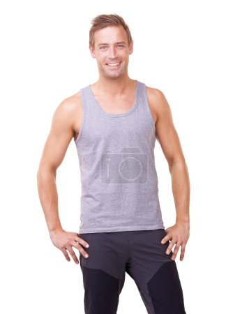 Photo for Portrait, man and hands on hips for fitness, studio and happy with exercise wellness in gym clothes. Model, usa and smile face with commitment to health body, training and relax by white background. - Royalty Free Image