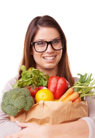 Photo for Portrait, vegetables and woman with nutrition, wellness and girl isolated on white studio background. Face, person and model with healthy food, glasses and diet plan with mockup space, happy or vegan. - Royalty Free Image