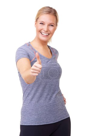 Photo for Workout, thumbs up and woman in studio for fitness success, exercise achievement and winning hands or like emoji. Portrait, sports model and yes, okay or happy training results on a white background. - Royalty Free Image