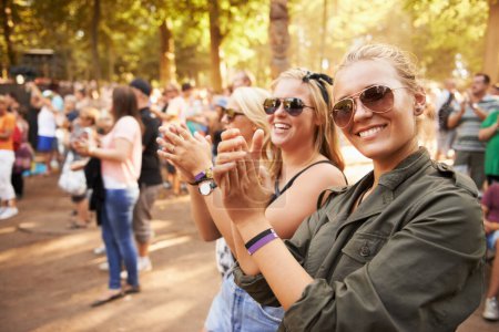 Photo for Woman, friends and outdoor crowd at music festival for summer holiday, celebration or party concert. Female person, clapping and community dancing in nature excited group, event or social gathering. - Royalty Free Image