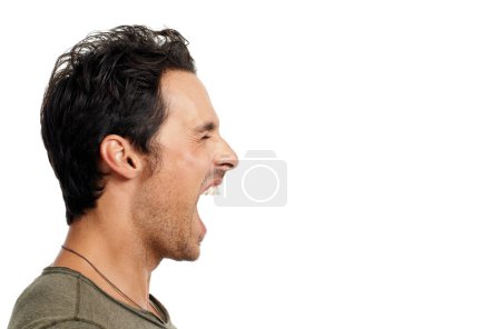 Photo for Profile, anger and screaming with man, stress and expression isolated on white studio background. Person, guy and model with depression, mockup space and shouting with emotions, crisis and frustrated. - Royalty Free Image