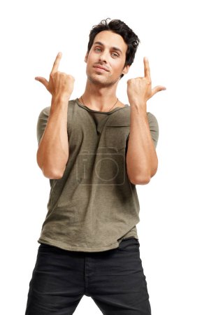 Photo for Portrait, finger gun and man with fashion, expression and guy isolated on a white studio background. Cool, person and model with hand gesture, mockup space and pointing with body language and freedom. - Royalty Free Image