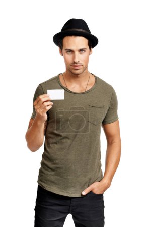 Photo for Man, portrait and business card mockup or advertising for .networking, contact us or communication. Male person, face and placard as fashion stylist on white background for poster, services in studio. - Royalty Free Image
