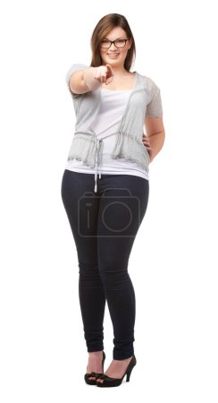Photo for Portrait, vote and a plus size woman pointing at you in studio isolated on a white background for decision. Smile, choice or selection with a happy young body positive model offering an opportunity. - Royalty Free Image