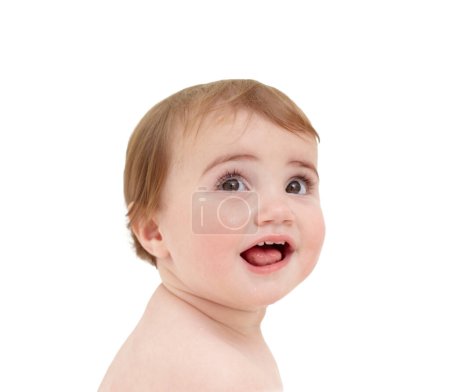 Photo for Baby, happy and surprise in studio or white background isolated or childhood development, relax youth or mockup space. Kid, wow and excited for positive mood or curiosity, expression or mouth open. - Royalty Free Image