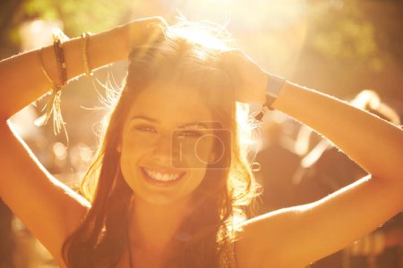 Photo for Happy woman, portrait and dancing at outdoor music festival for party or event in nature. Face of carefree female person smile enjoying freedom outside in sunshine at concert, carnival or summer fest. - Royalty Free Image