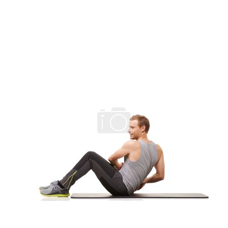 Photo for Man, medicine ball and twist on mat for training exercise in studio on white background, fitness or workout strength. Male person, sports equipment and stomach abs challenge, wellness or mockup space. - Royalty Free Image