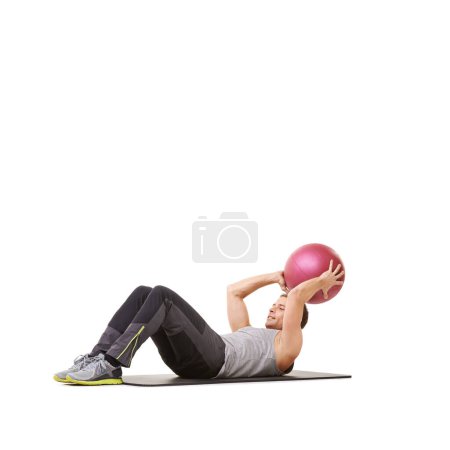Photo for Man, medicine ball and sit up for workout fitness in studio on white background for mockup space, health or strength. Male person, sports equipment and training mat, target stomach muscle or wellness. - Royalty Free Image