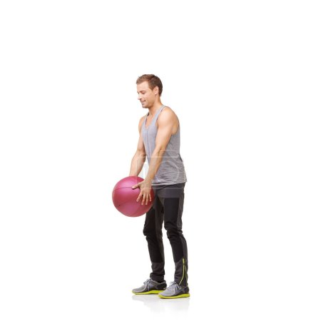 Photo for Man, medicine ball and gym training in studio for workout exercise, balance goal or white background. Male person, sports equipment and muscle fitness or mockup space for healthy, cardio or strong. - Royalty Free Image