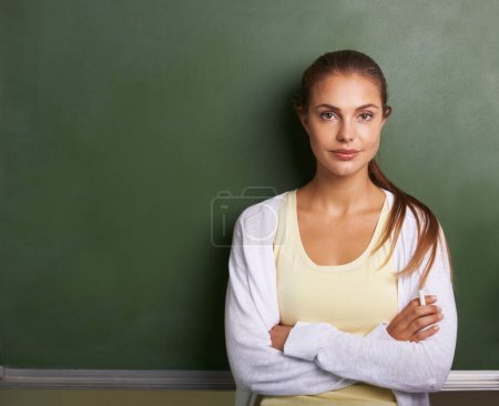 Photo for Teacher woman, portrait and chalkboard with space for mockup, classroom or learning for future at academy. Education employee, teaching expert or person with promo, knowledge or information in school. - Royalty Free Image