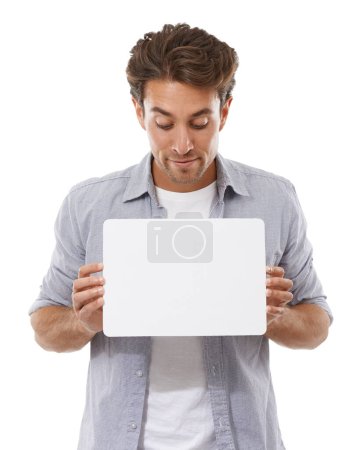 Photo for Mockup, sign and man on poster, advertising and space isolated on a white studio background. Face, paper and person show banner for promotion, information or blank billboard presentation on placard. - Royalty Free Image